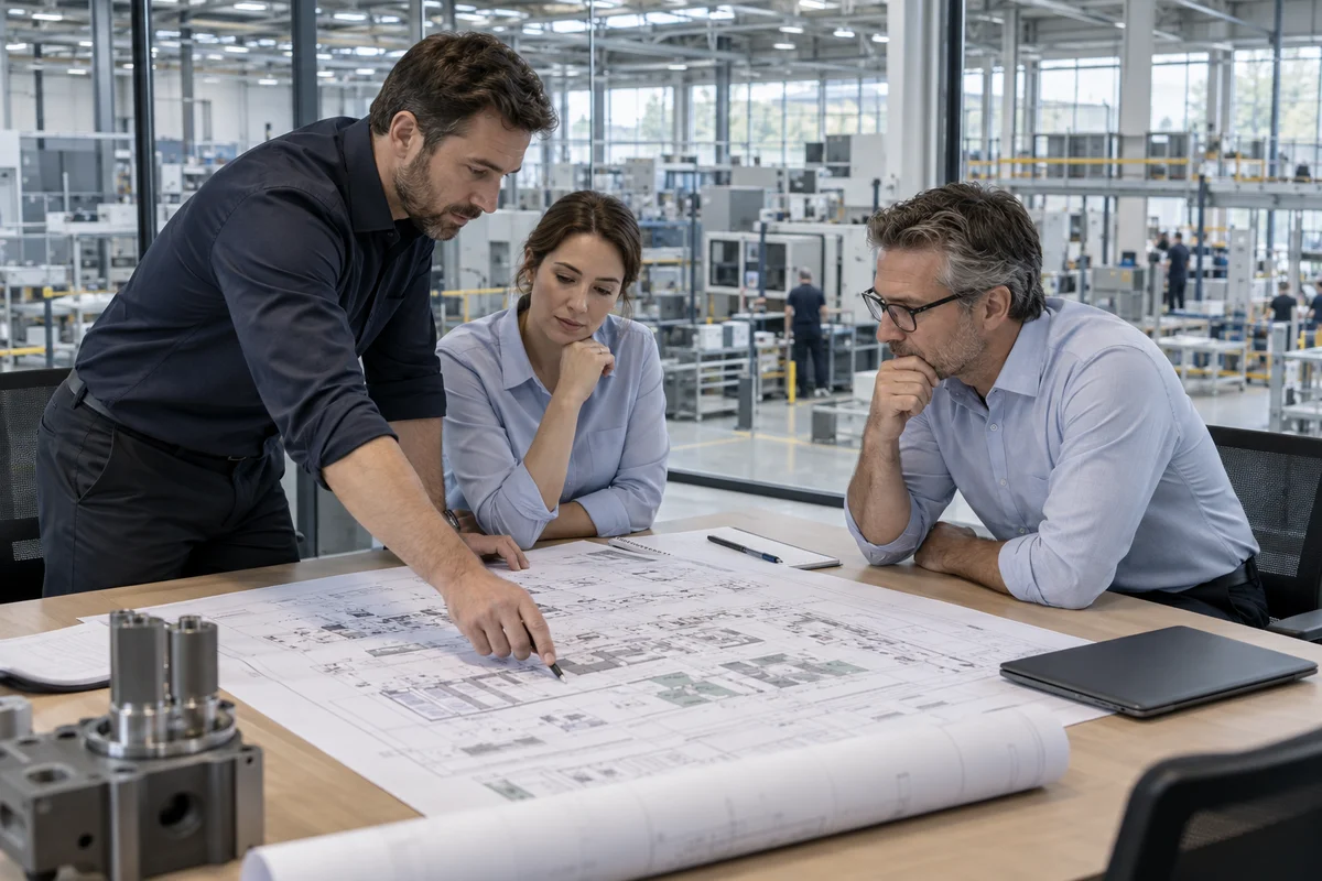 Equipo de profesionales revisando un plano de procesos en una sala junto a una planta industrial