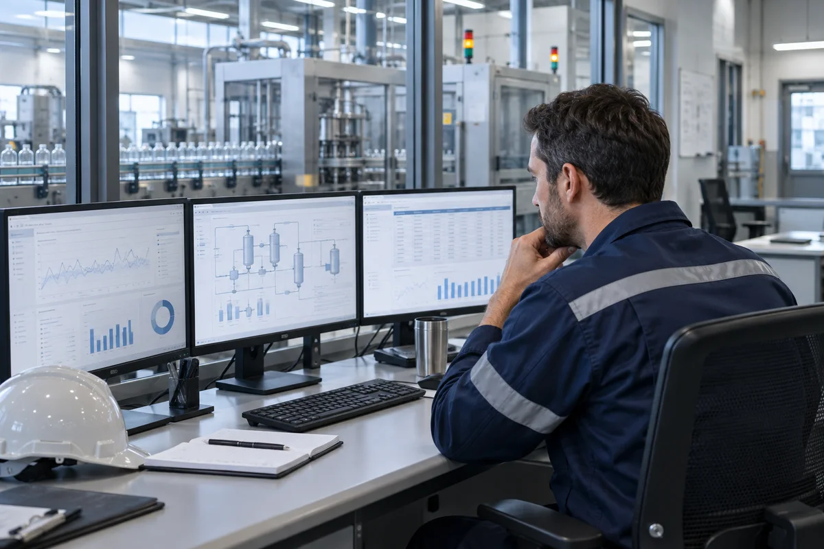 Especialista analizando información en una sala de control industrial