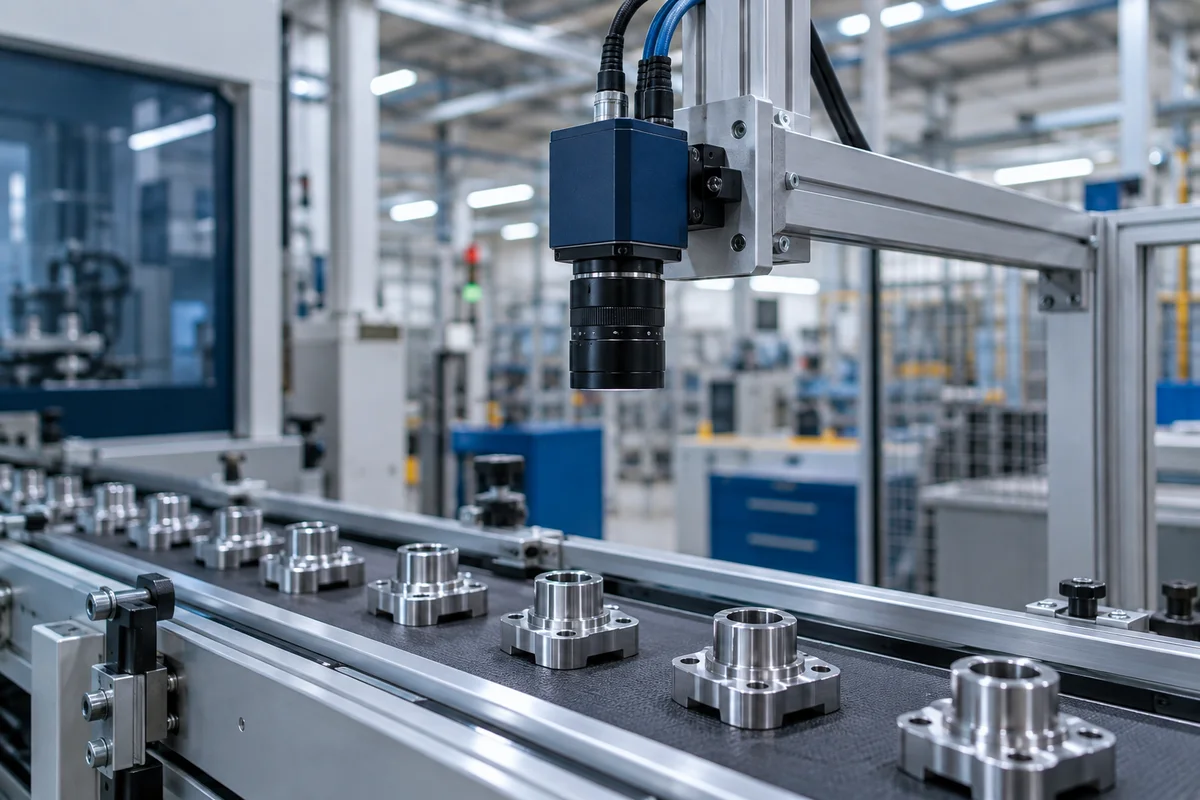 Cámara de visión industrial sobre componentes en una línea de inspección