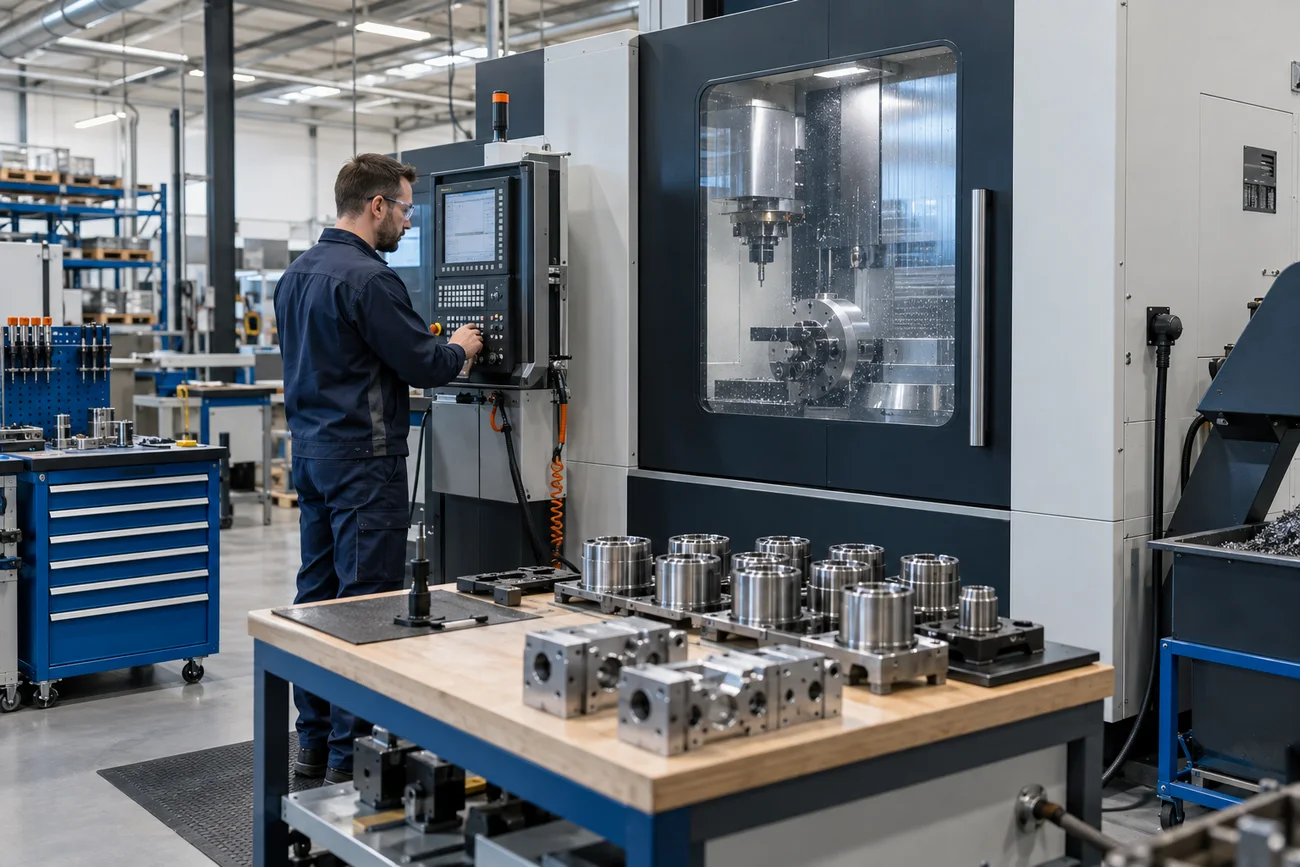 Celda de mecanizado CNC con piezas organizadas y supervisión del proceso