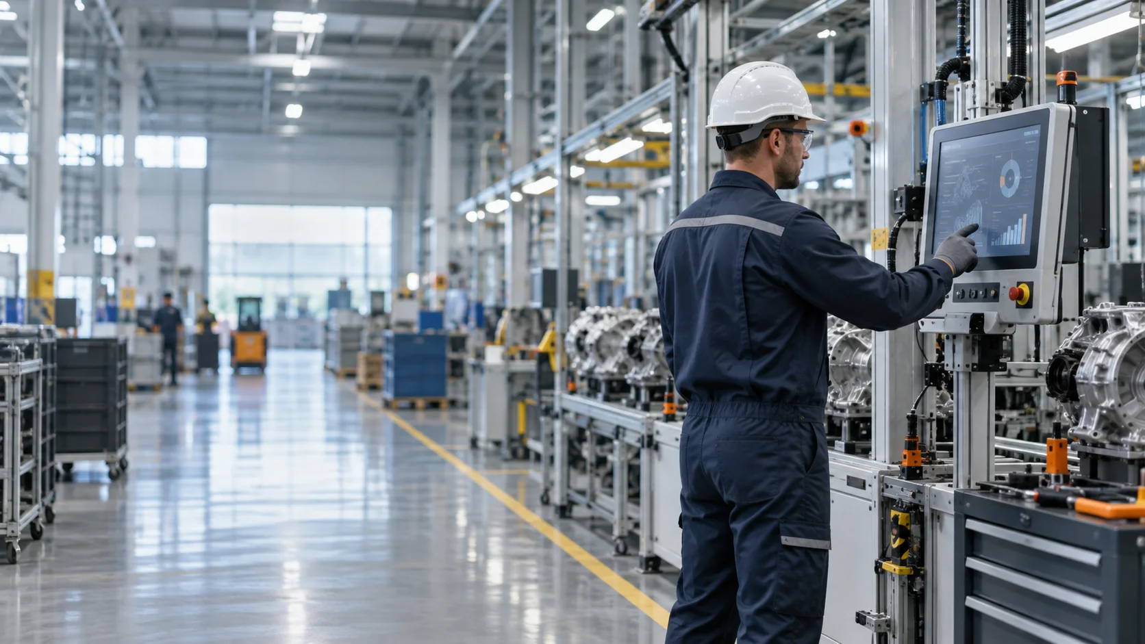 Operador consultando una terminal industrial junto a una línea de producción