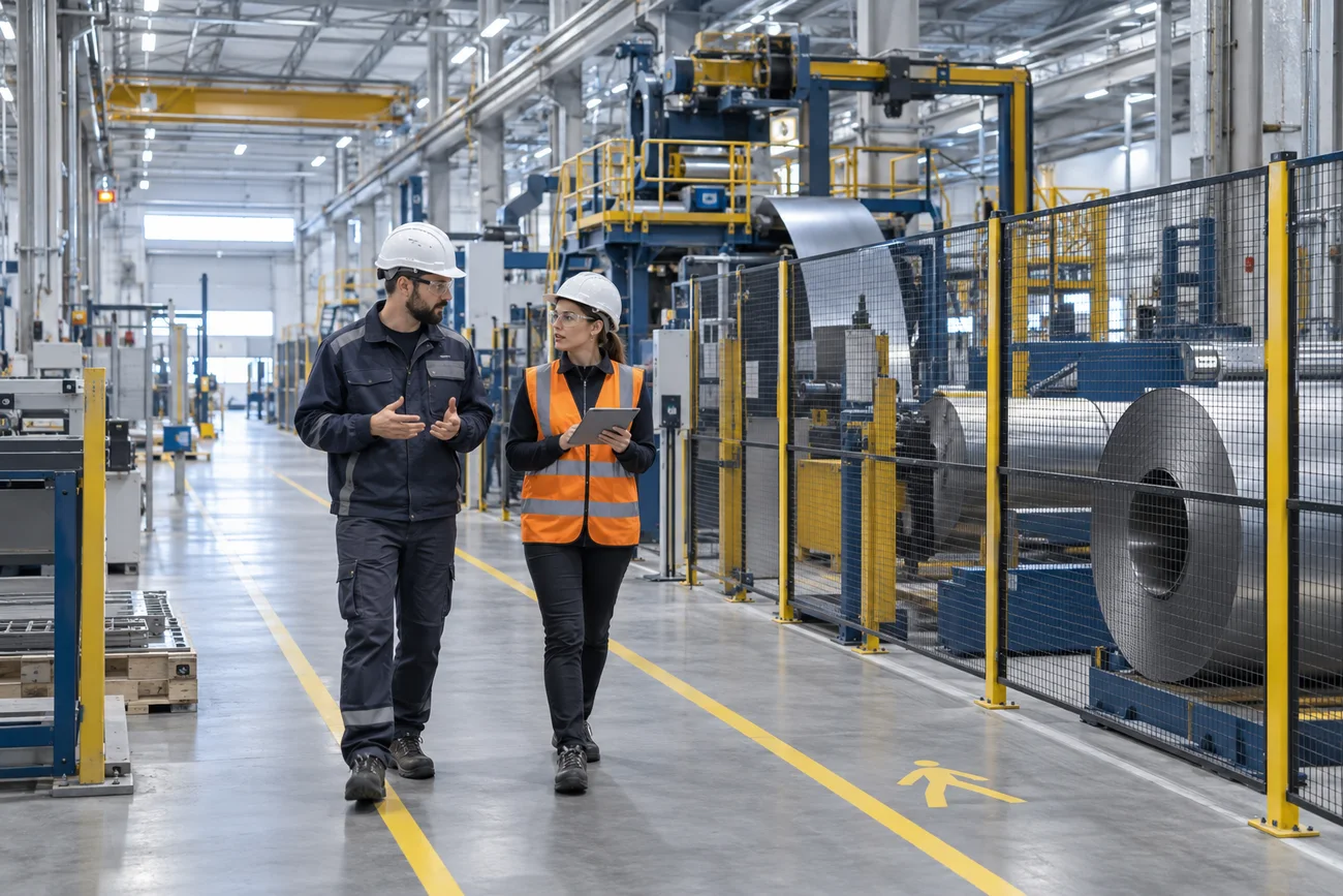 Profesionales recorriendo una planta industrial por un pasillo peatonal señalizado