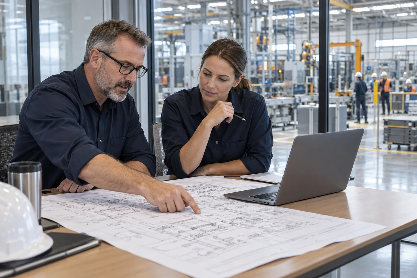 Especialistas analizando un plano de procesos en un entorno industrial
