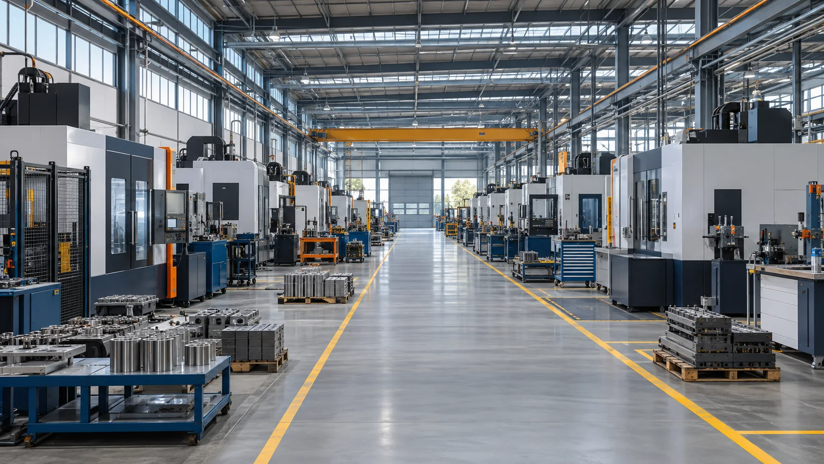 Vista panorámica de una planta de manufactura con celdas de mecanizado