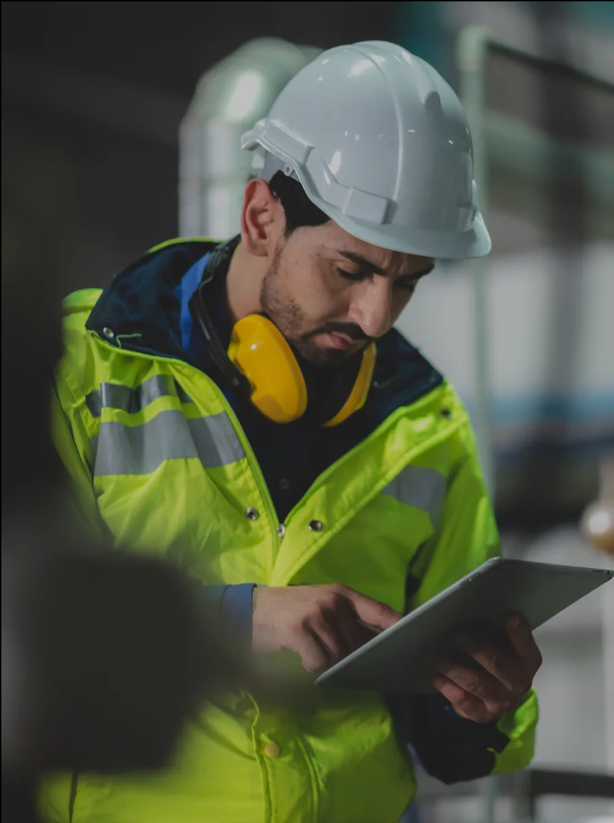 Especialista consultando una tableta en planta