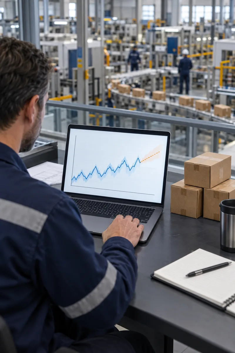 Profesional revisando una gráfica de proyección en un entorno industrial