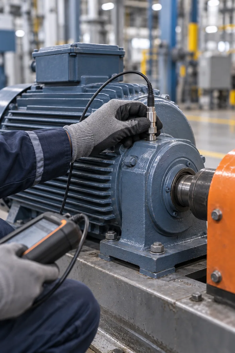 Técnico revisando un sensor sobre un motor industrial